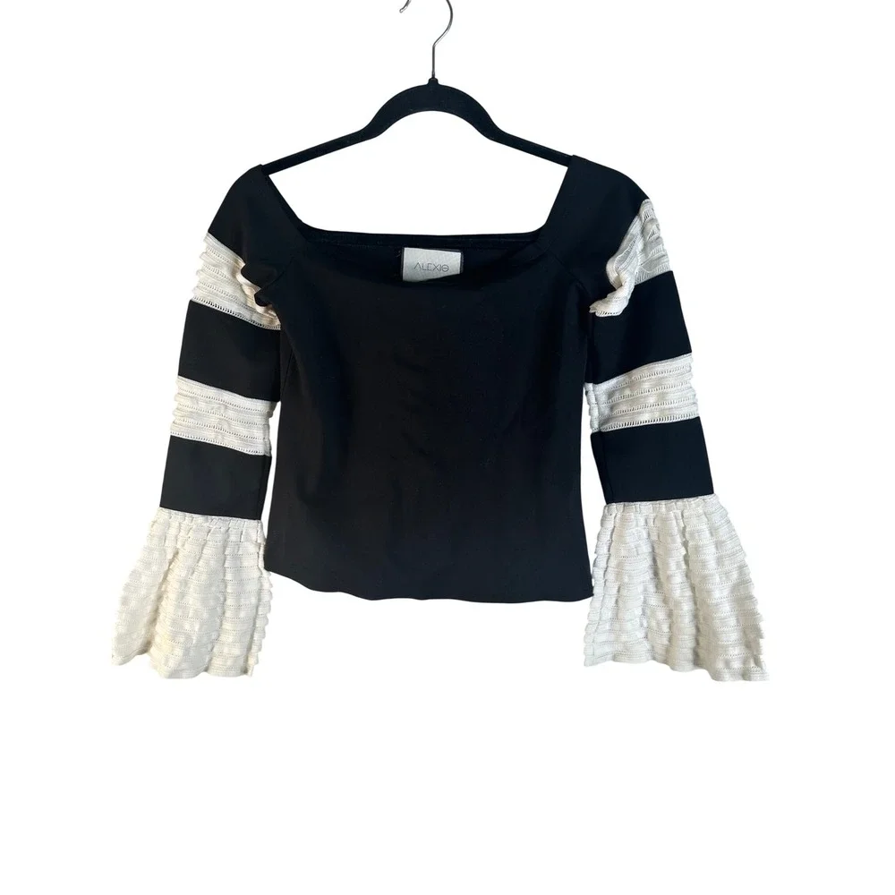 Alexis Women's Black White Ruffle Bell Sleeve Crochet Panel Top Size XS